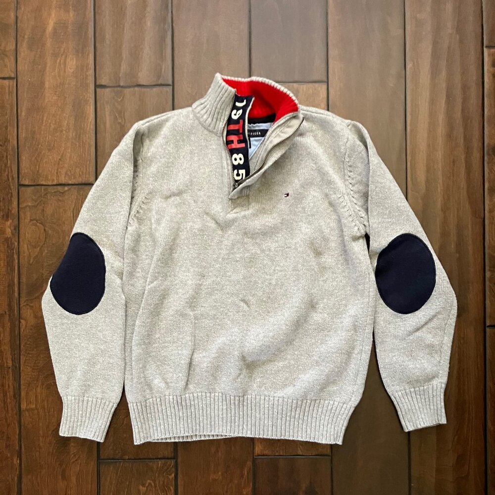 Tommy Hilfiger Sweater Knit Quarter Zip Elbow Patch Gray Turtle Neck Boys 12-14